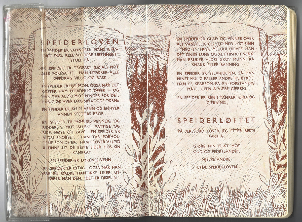 "Speiderguttboka" utgitt av Norsk Speidergutt-Forbund. Boken er på 384 sider (Register fra side 380-384). Den er rikt illustrert med sorthvitt tegninger og noen få sort-hvitt fotografier.  Boken innledes og avsluttes med speiderloven og speiderløftet. Boken har permer og rygg av tekstil. Det er et blankt plastomslag rundt boken.