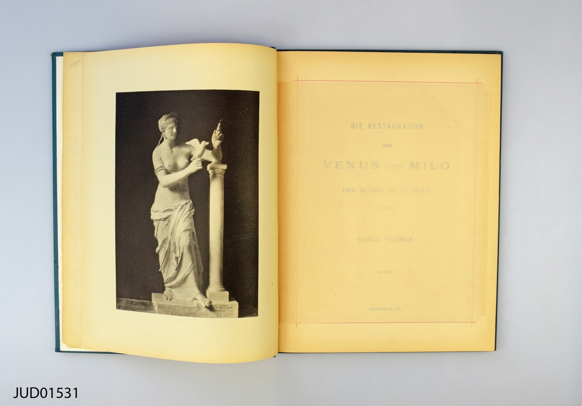 Die Restauration der Venus von Milo, dedikation från författaren Geskel Saloman på insidan. Tidningurklipp bifogat.