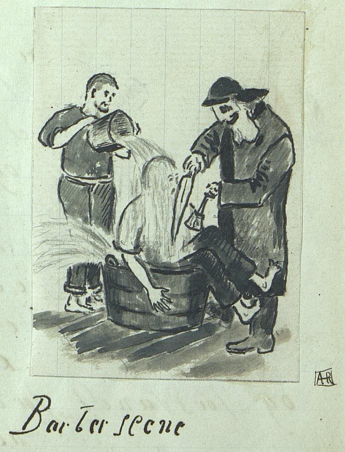 En mann står og barberer en mann som sitter i en balje. En annen mann heller vann over mannen i baljen.