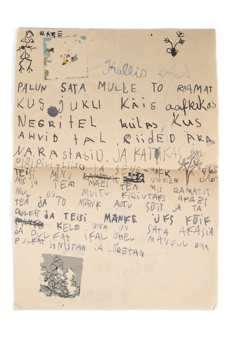 Brev skrivet av femårigt barn ca 1944. Togs med på flykt från Estland till Sverige i september 1944.