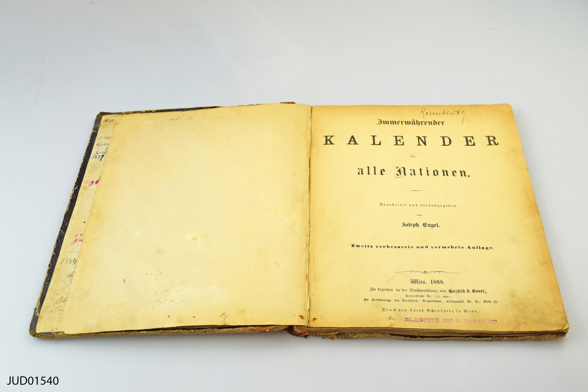 Immerwährender Kalender für alle natioen av Joseph Engel, tryckt i Wien 1868.