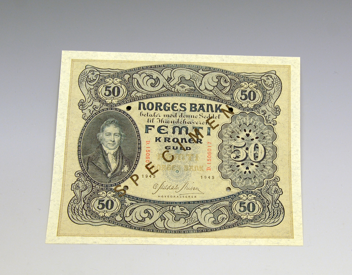Makulert, ny seddel andre utgave 1945. 50 kr.