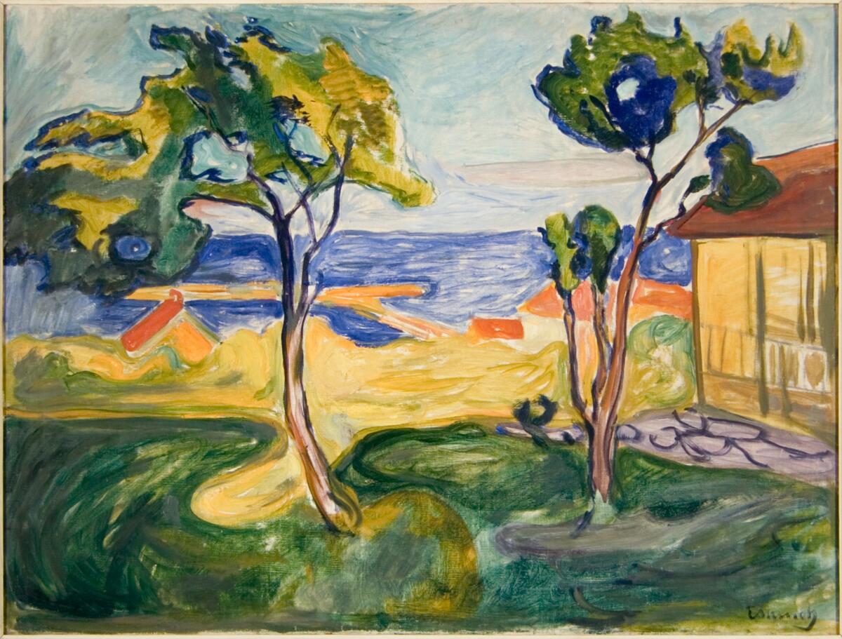 Bildet viser et av Munchs malerier, der han har malt sitt gule hus i Åsgårdstrand og utsikten mot sjøen.