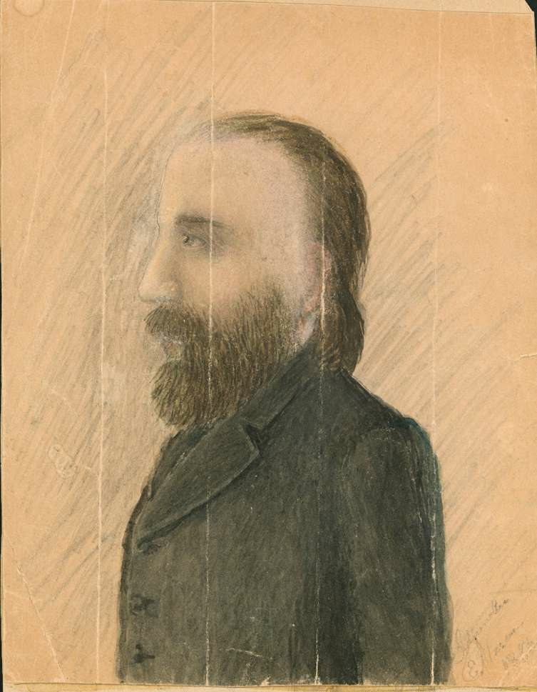 Adjunkt Edward Clason, med skägg, mustasch och halvlångt hår tecknad i profil. Han är klädd i ytterplagg, 1865