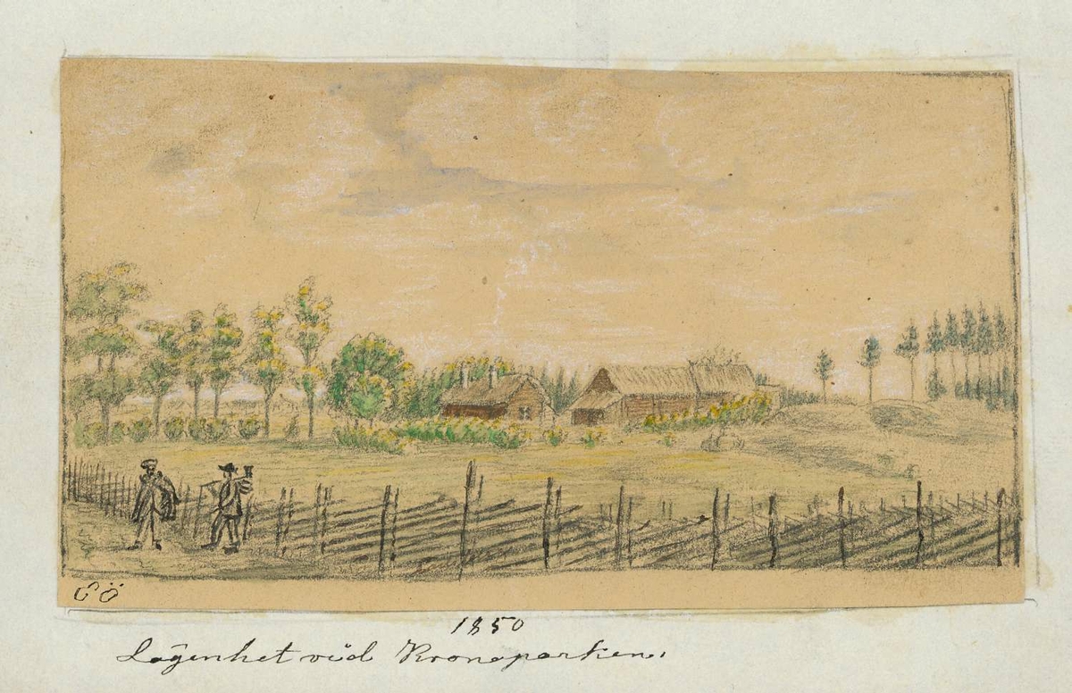 Landskapsvy, två män vid gärdesgård, i bakgrunden gård med två byggnader, allé leder upp till husen, Uppsala