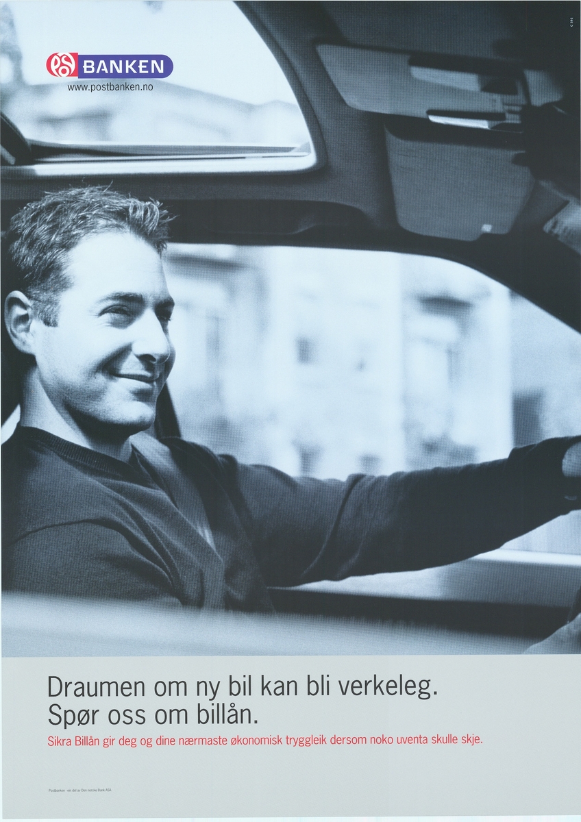 Plakat med motiv av en person i bil, tekst og bilde. Plakaten er tosidig med tekst på bokmål og nynorsk, på hver sin side.