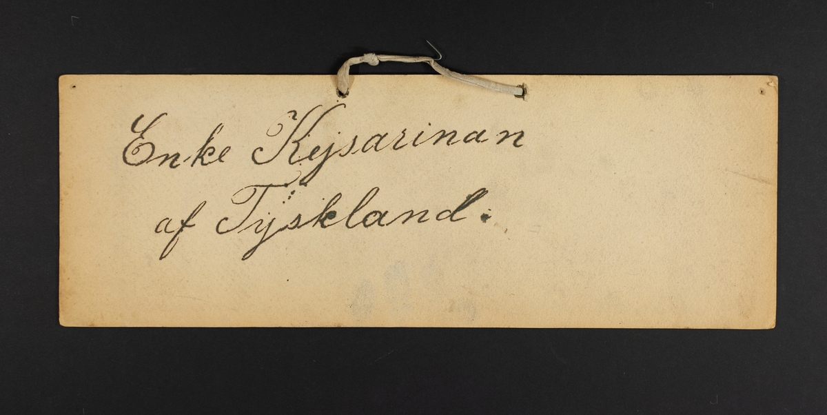 Handtextad skylt i rött och blått av papp, med textilt upphängningsband: "Vega ankommer till Stockholm den 24 April 1880". På baksidan påskrift "Enke Kejsarinan af Tyskland".