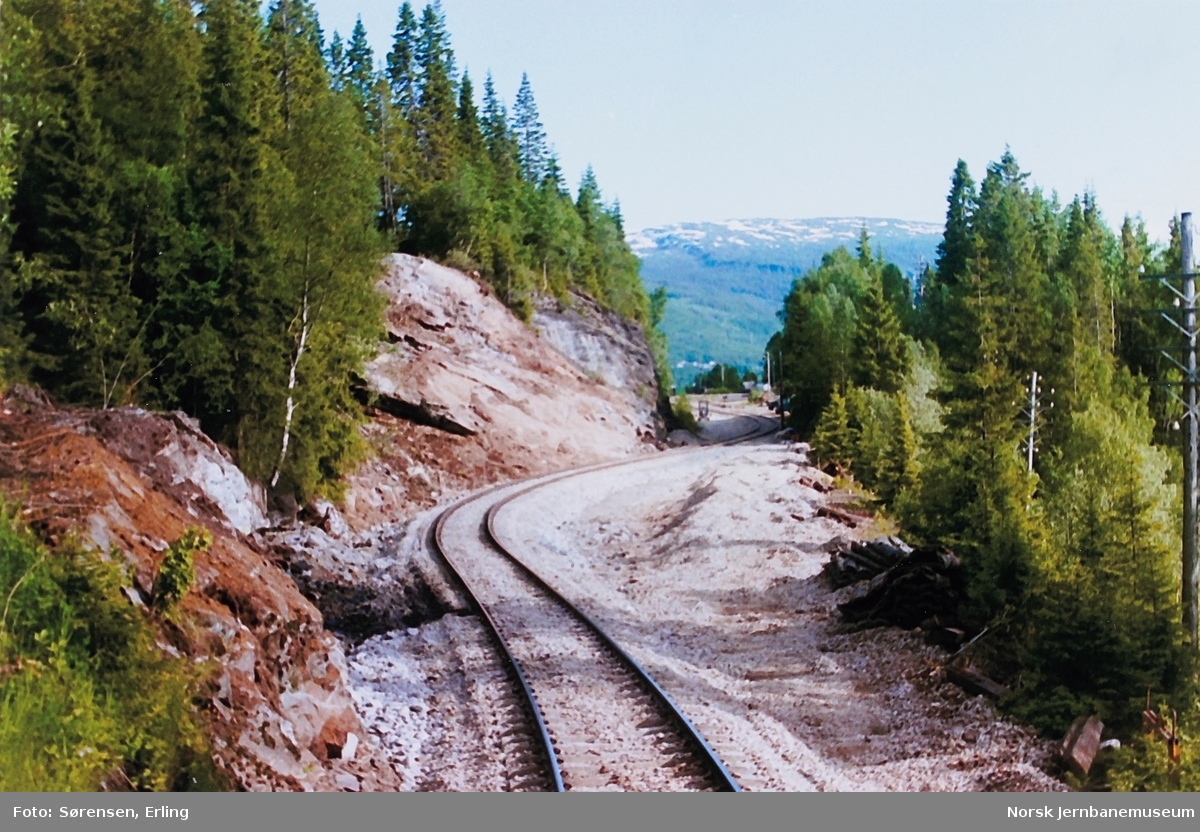 Den 20.06.1996 gikk et stort leirskred helt inn til jernbanefyllingen ved Finneidfjord. Raset tok med seg et parti av E6. Bildet viser Nordlandsbanens trase etter at den er lagt om som følge av raset