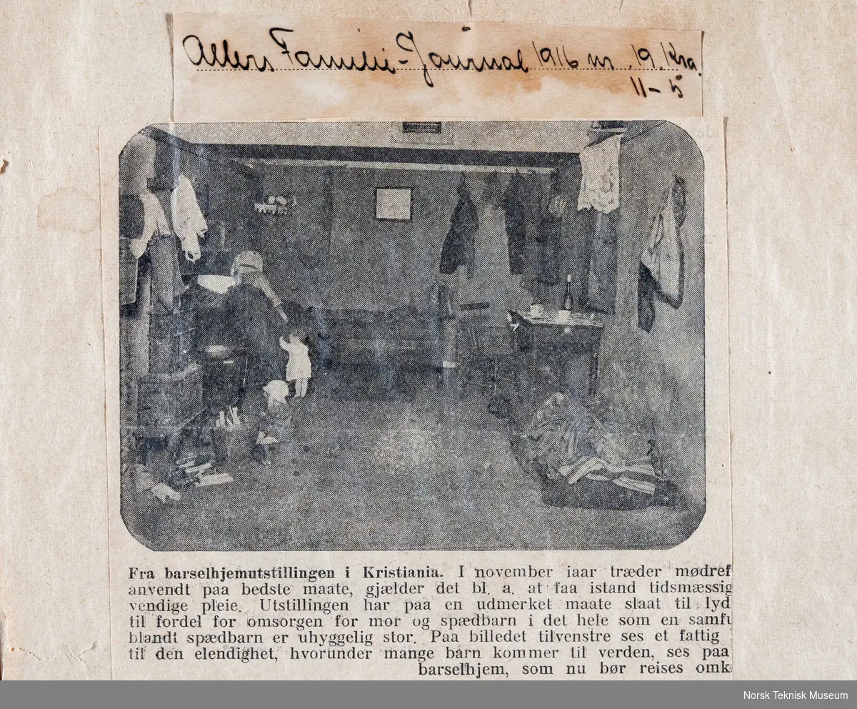 Illustrasjon og deler av bildetekst fra reportasje i ukebladet Allers Familie-Journal, 11. mai 1916, i utklippsbok fra Barselhjemutstillingen med motiv Elendighetshjemmet.