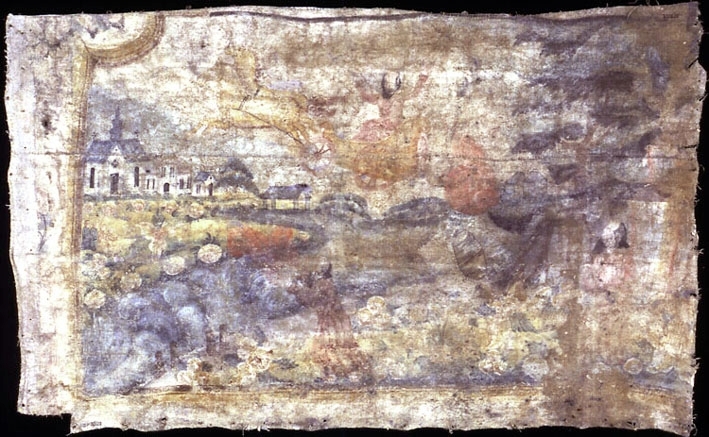Bonadsmålning, dalmålning, av s.k. eliassontyp. Elie himmelsfärd (2 Kon 2). I bakgrunden Leksands kyrka. Målad på väv.