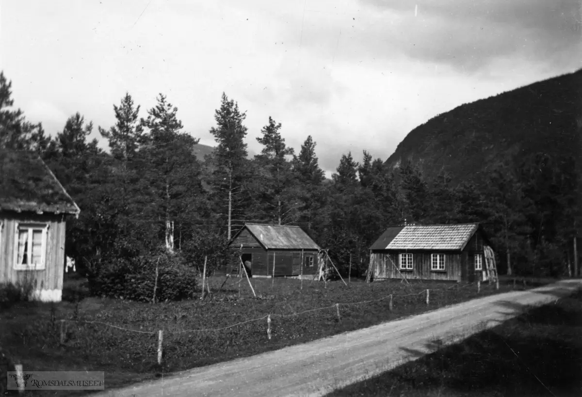 "1942".Lundemo, Ljørvollan, Eresfjorden gnr. 74/8. .Knut K. Neraas (1868-1955) og Kristine (1878 - 1943) bygde husa her i 1920-åra. Knut var spelemann og smed. Smia står t.h. og fjøsen midt i bildet.