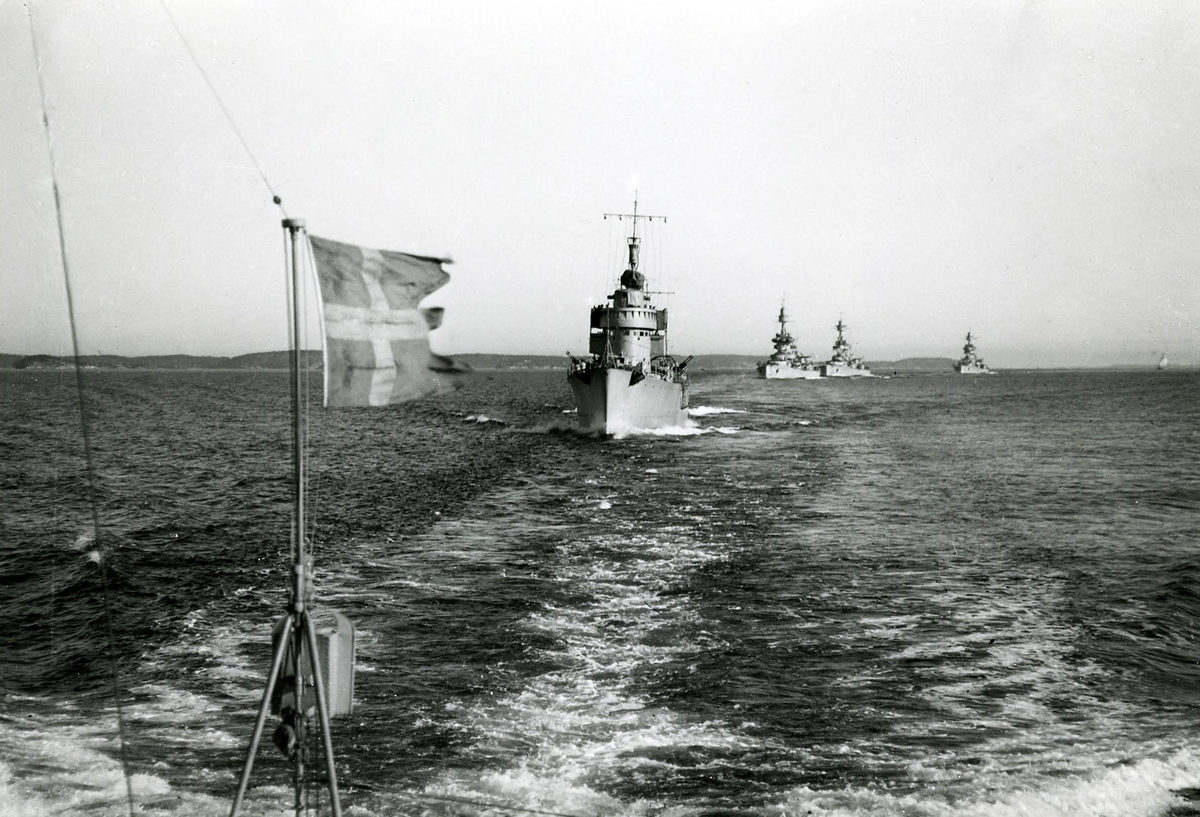 Pansarskepp, kryssare samt jagare till sjöss.