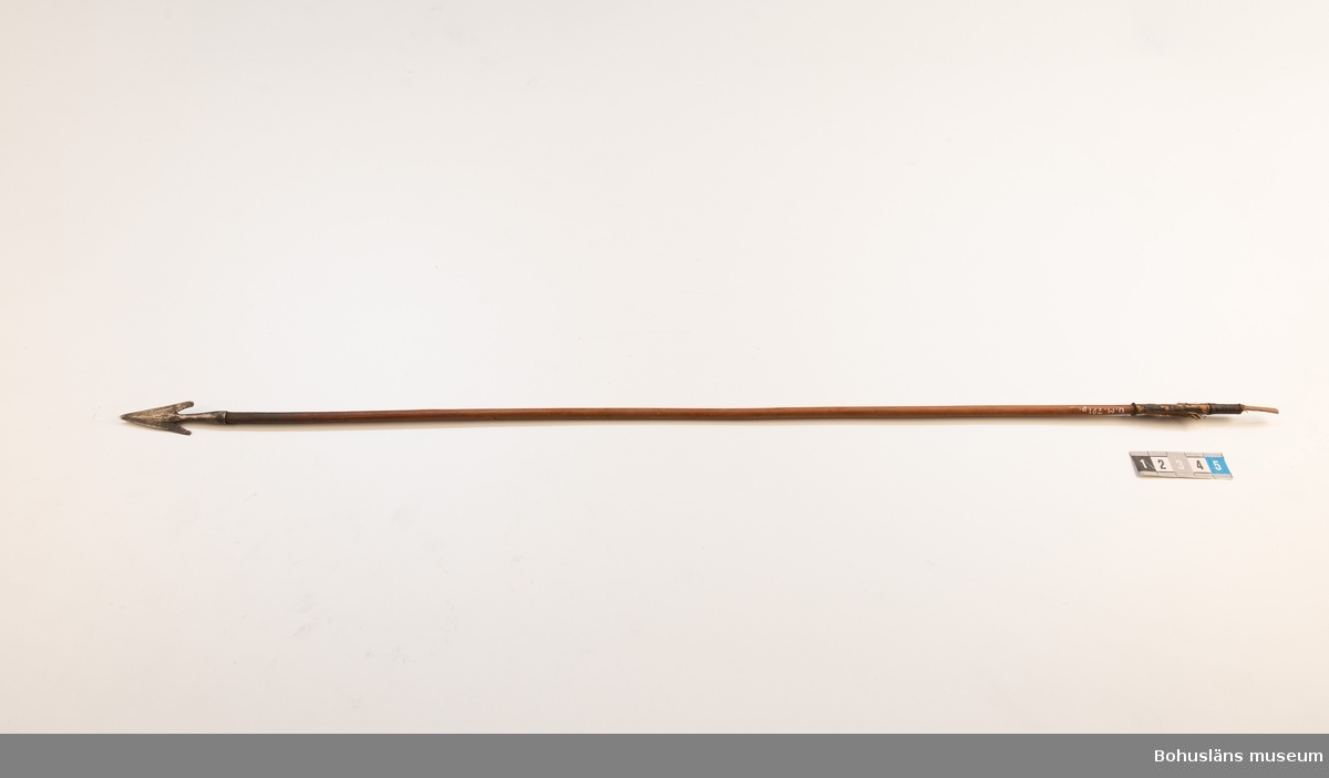 Ur handskrivna katalogen 1957-1958:
Båge m. 17 pilar, Afrika
Bågen a) L.103 cm; m. sträng av en vidja; i bågens ändar runda träkulor. Hel.
b-l, 3- kantiga m. smal svart fastsurrad träspets m. hullingar.
b-c, L. 72 och 71,2 cm; har blad infällda i ändan som styrfjädrar.
d-k, L. 75,5; 72; 71,8; 71,8; 71,6; 71,5; 76,6; 66 cm; lika b och c men saknar styrfjädrar;
k upptrasad i ändan.
l, L. 55,5; av ngt annan typ än föreg, har haft spets och styrfjädrar, vila saknas.
m-r, runda skaft, styrfjädrar, spetsen av järn m. hullingar (ej 791 m) och holk f. fastsättn.
P: Fragmenterade styrfjädrar och en lös styrfjäder.
L. 69; 68,1; 76,4; 65; 64,7; 61,3 cm;
("r" saknar spets; n och q saknar en hulling. "o" saknar 2 styrfjädrar; "p" saknar ena delen i "klykan" f. strängen)

Ur Knut Adrian Anderssons Katalog II 1916:
No 22, nr 7, 8 ,9 på etiketten i Elmer Göranssons samling. Båge av trä m. sena till sträng jämte 17 förgiftade pilar av två typer med hullingar. Från Mogala i Belgiska Congo.

Artikel i Bohusläningen måndagen den 1 november 1937, "Vittberesta bohusläningar berätta. Upplevelser under 30-årig vistelse i Belgiska Kongo. Kapen Elmer Göransson. Folk och sedvänjor under ekvatorns glödande sol."

UMFA54467:0588 visar porträtt på sjökapten Elmer Göransson i uniform med ett antal ordnar och utmärkelser. Fotograf Thure Nihlén, Uddevalla.