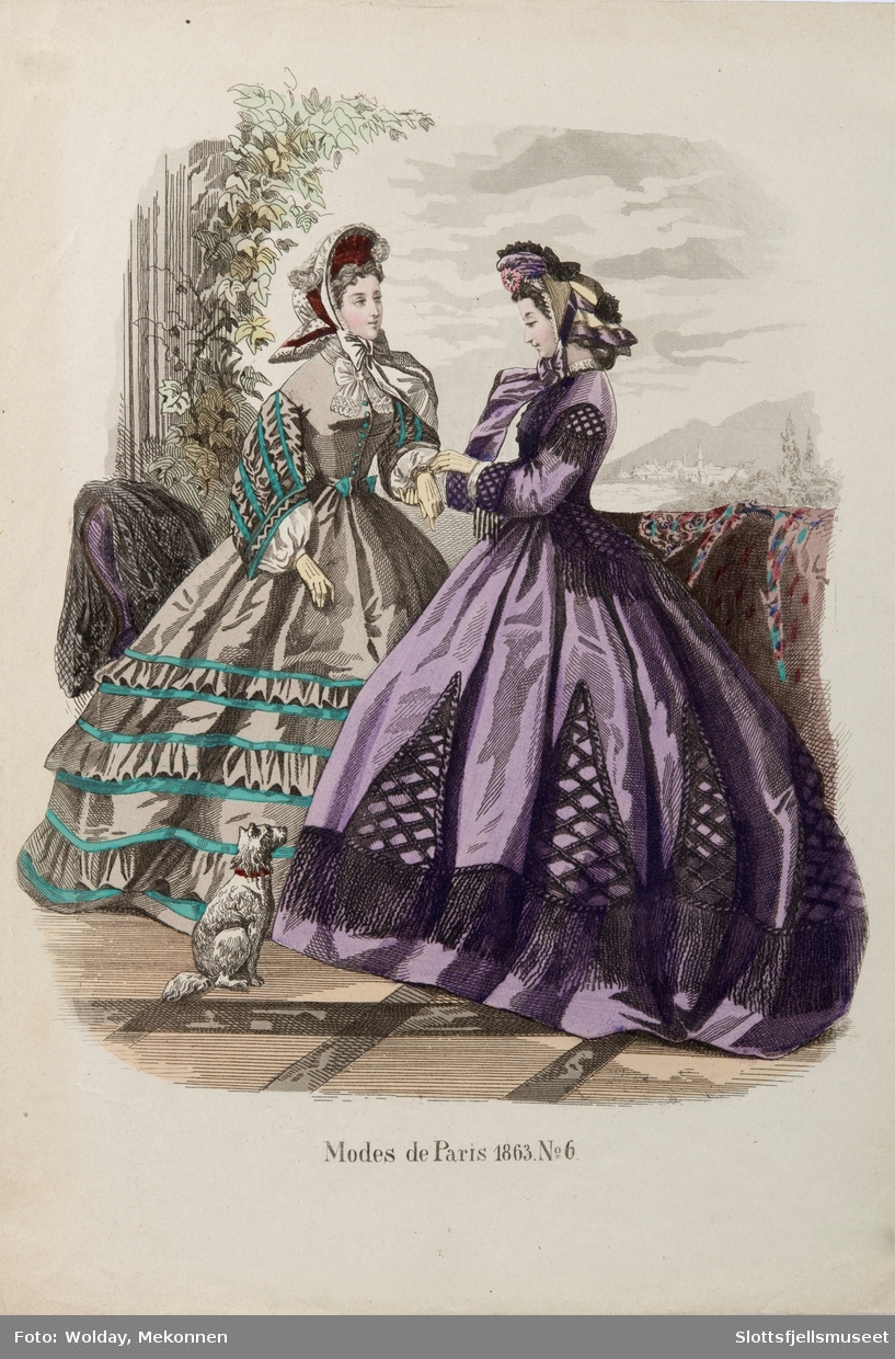 Illustrasjoner av dameklær fra 1862 og 1863,