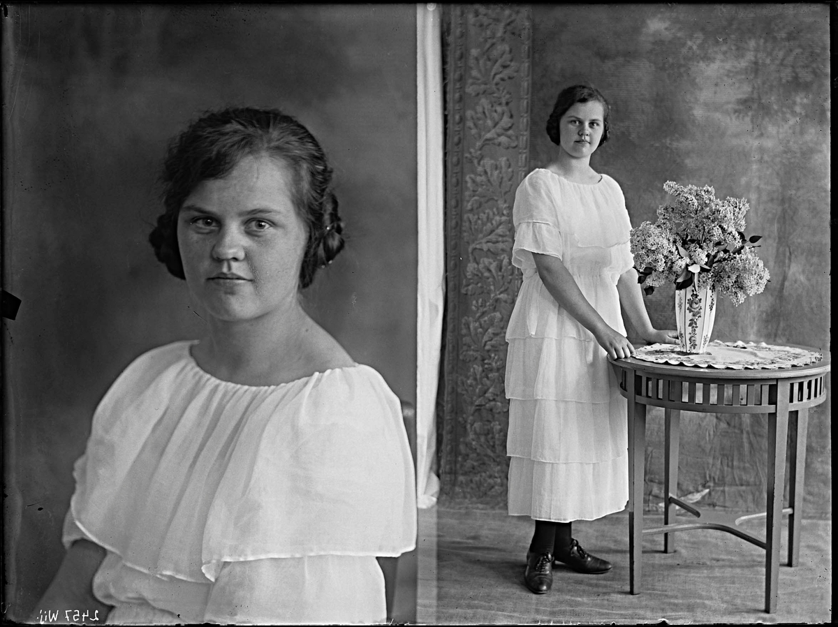 Fotografering beställd av Arvidsson. Föreställer sannolikt Tyra Elisabet Arvidsson (1904-1988) bosatt på Karlsdal 13 i Västerås. Det motsvarar idag ungefär Norra Allégatan 35.