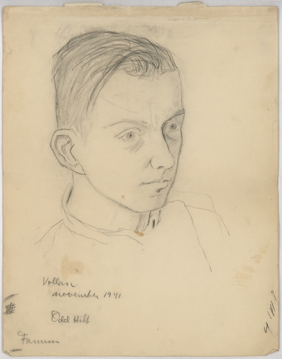 Portrettegning av Guttorm Fanum (f. 1924), fange i Vollan kretsfengsel i Trondheim 04.11.1941–24.11.1941.