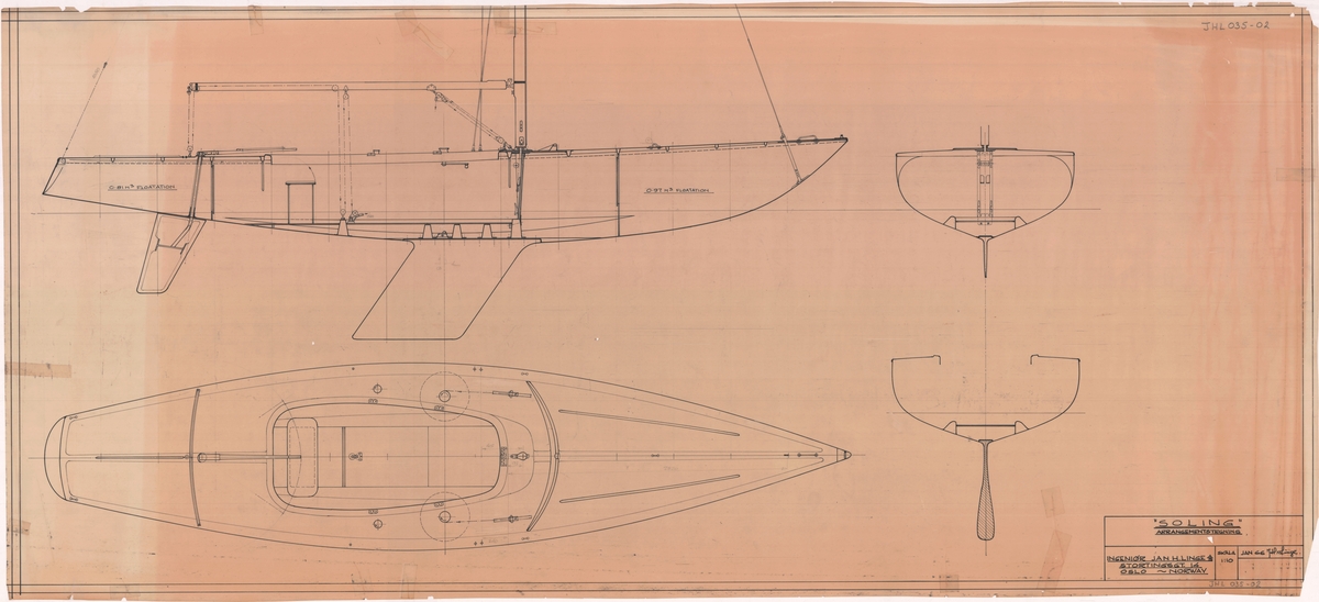 Soling. Regatta. Arrangementstegning. Storseil:15,6 m2, Fokk: 8,1m2, Spinnaker: 45/35m2 (max/min). 1:10