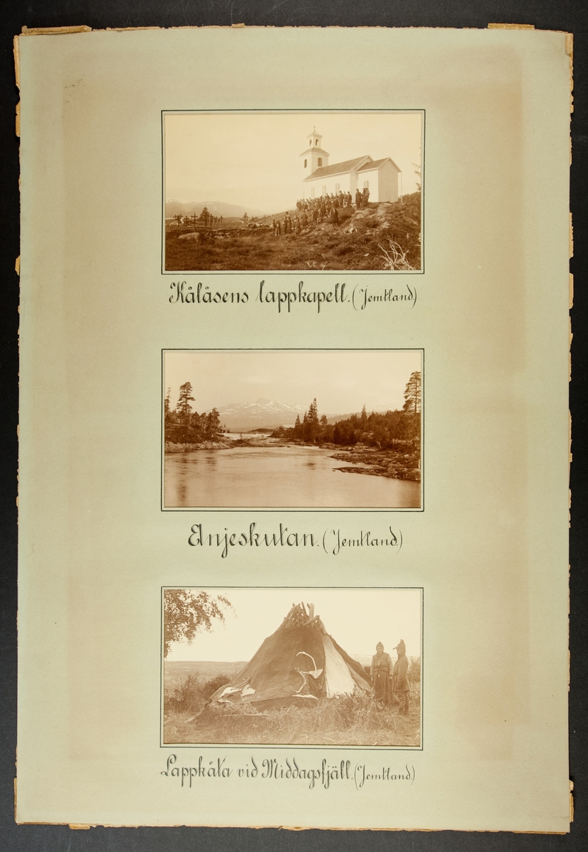 Ark med tre monterade fotografiska motiv från Jämtland. Kålåsens samekapell, Elnjeskutan samt kåta vid Middagsfjäll. L.A. 1306