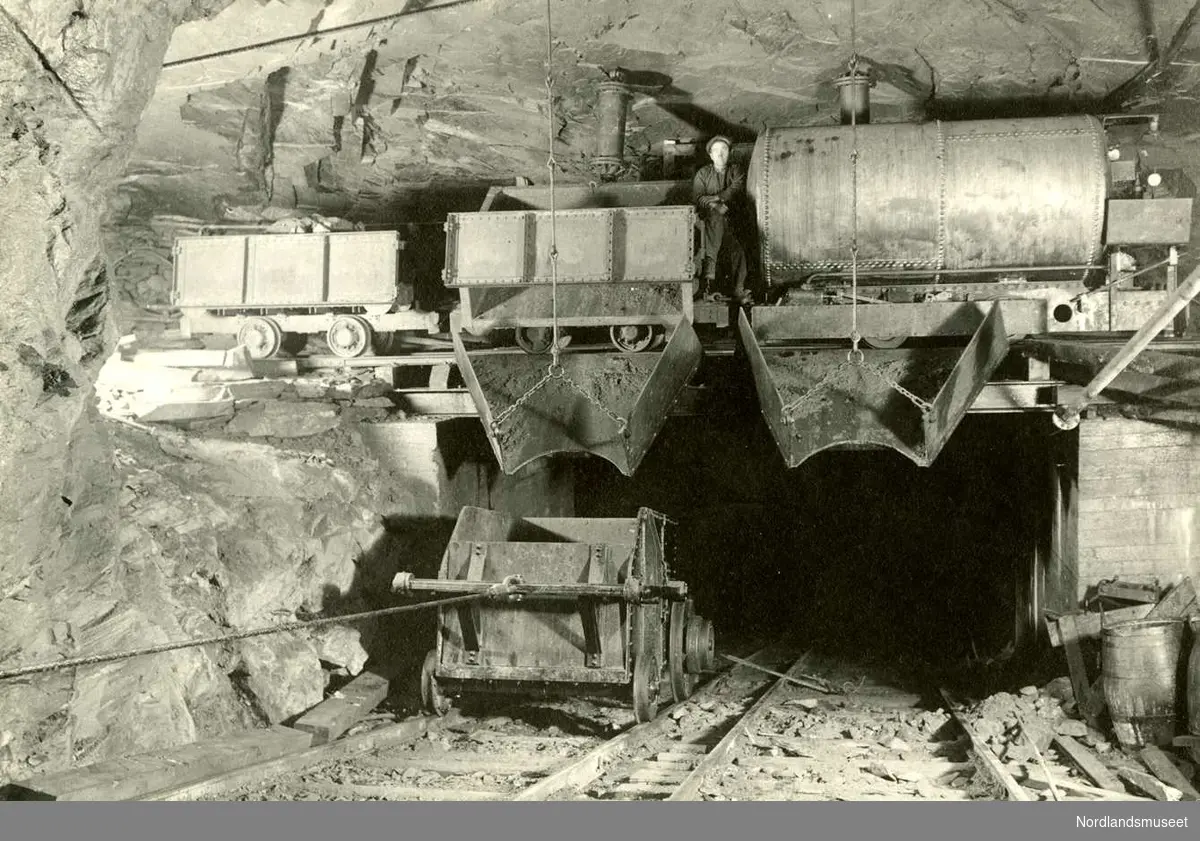 Jakobsbakken. 
Lasting til en sjaktvogn fra et togsett på et nivå nede i gruva. 

Foto Ukjent.