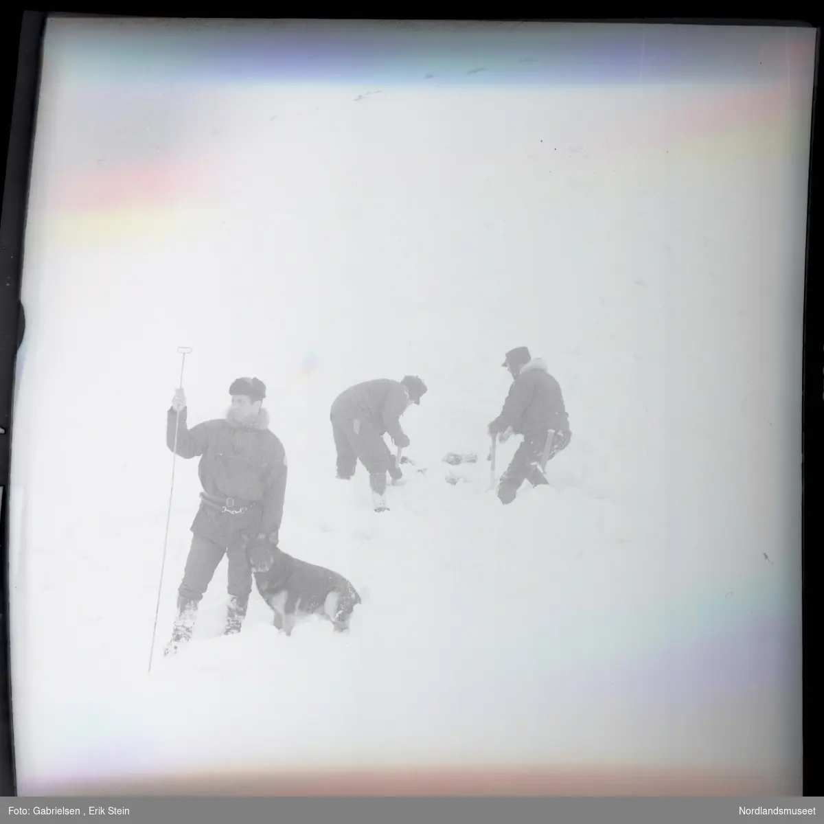 Fotografi av en mann kledd i vinterklær som står med en hund på snøen på fjellet i en snøstorm og holder en stang i nærheten av to menn som arbeider med noen ting som ligger i snøen 
i en snøstorm på fjellet