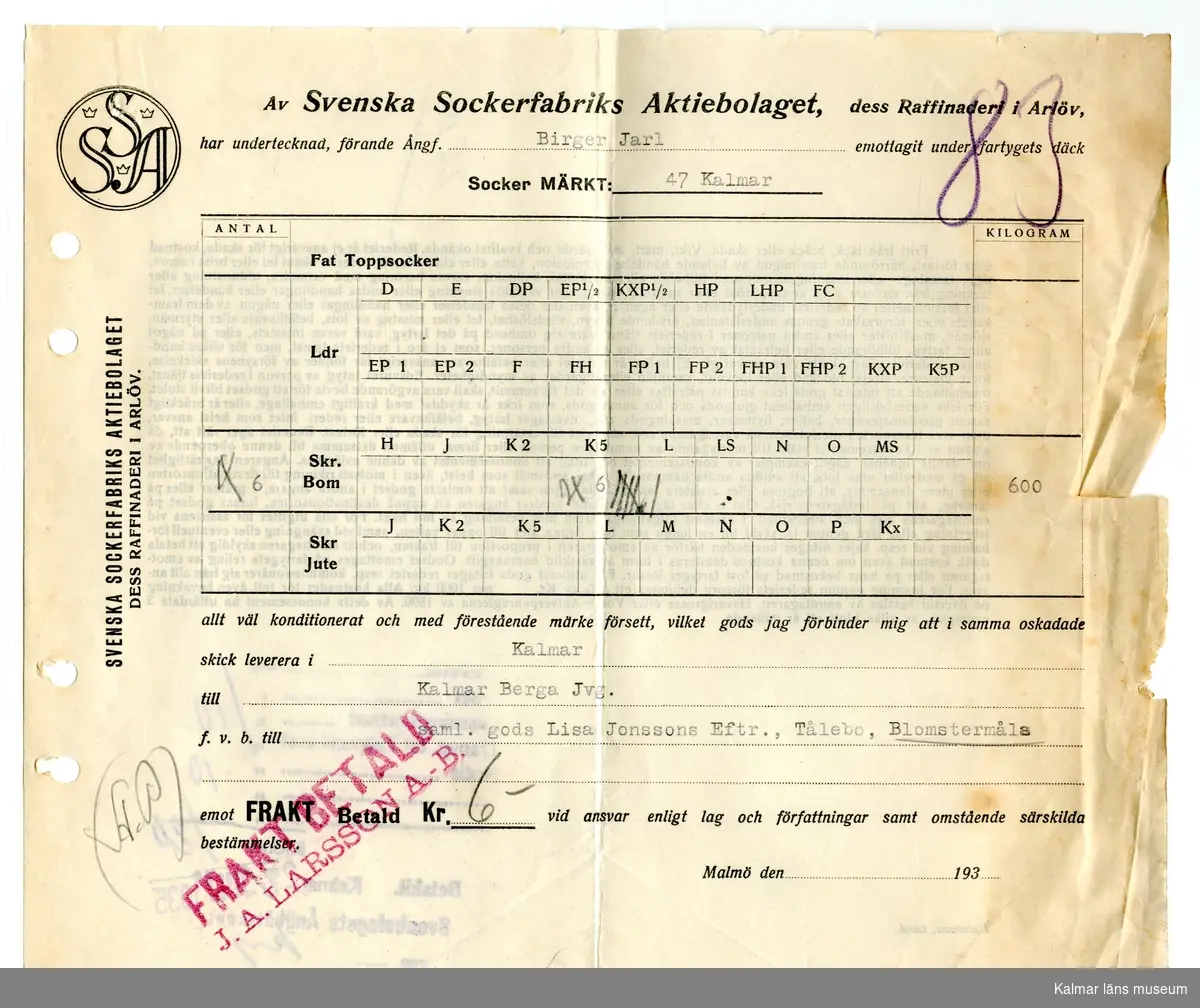 KLM 46521:1220 Kvitto. Av papper. Kvitto från Svenska Sockerfabriks Aktiebolaget, Arlöv till Lisa Jonssons Eftr., Tålebo, Blomstermåla. Handlingen är daterad 27/7 1935 enl. stämpel på baksidan.