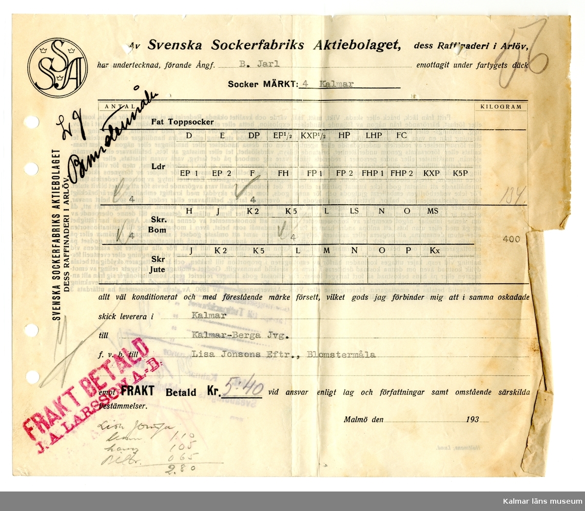 KLM 46521:1221 Kvitto. Av papper. Kvitto från Svenska Sockerfabriks Aktiebolaget, Arlöv till Lisa Jonssons Eftr., Blomstermåla. Handlingen är daterad 29/6 1935 enligt stämpel på baksidan.