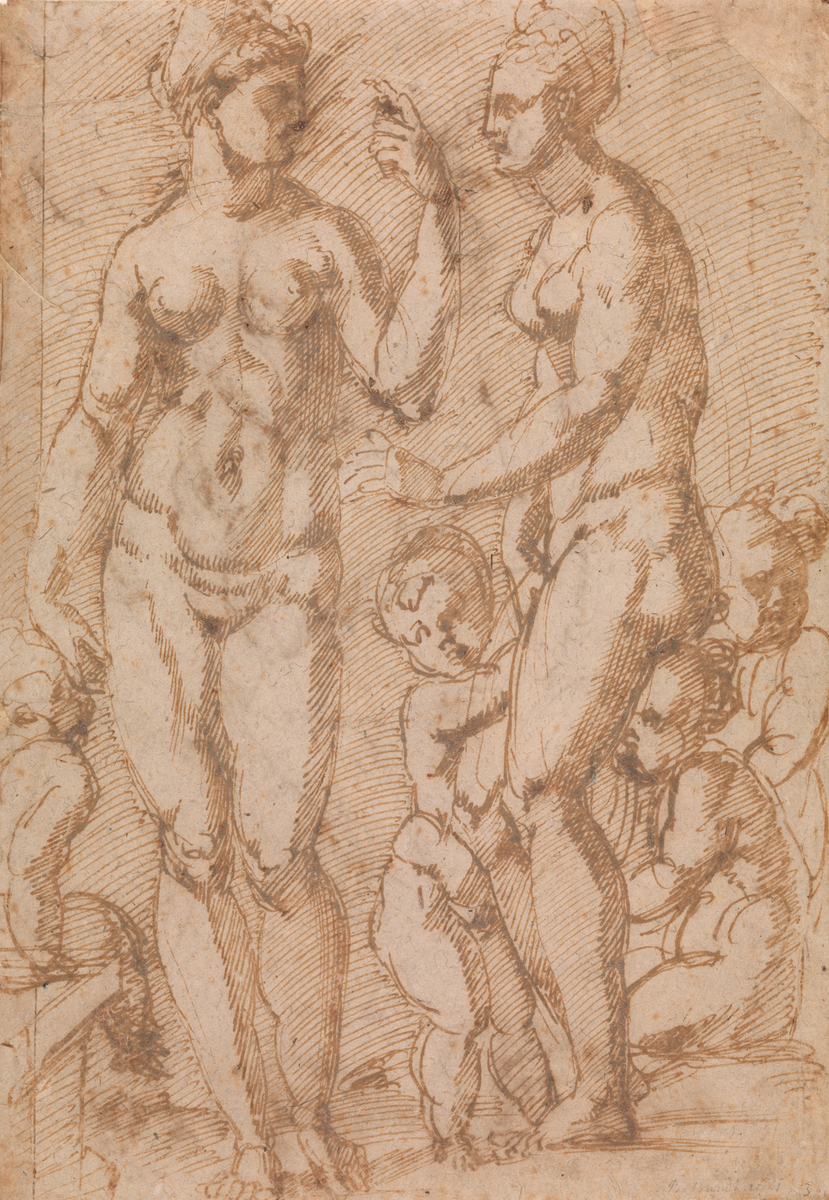 To nakne kvinner og fire små barn [Tegning]