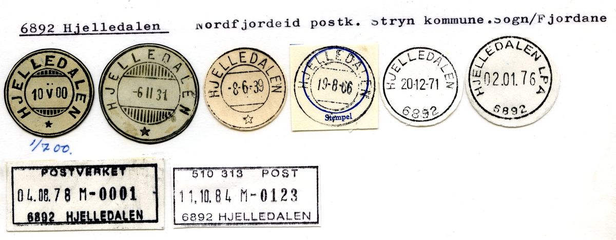 Stempelkatalog. 6892 Hjelledalen. Nordfjordeid postkontor. Stryn kommune. Sogn og Fjordane fylke. Bilde mangler.