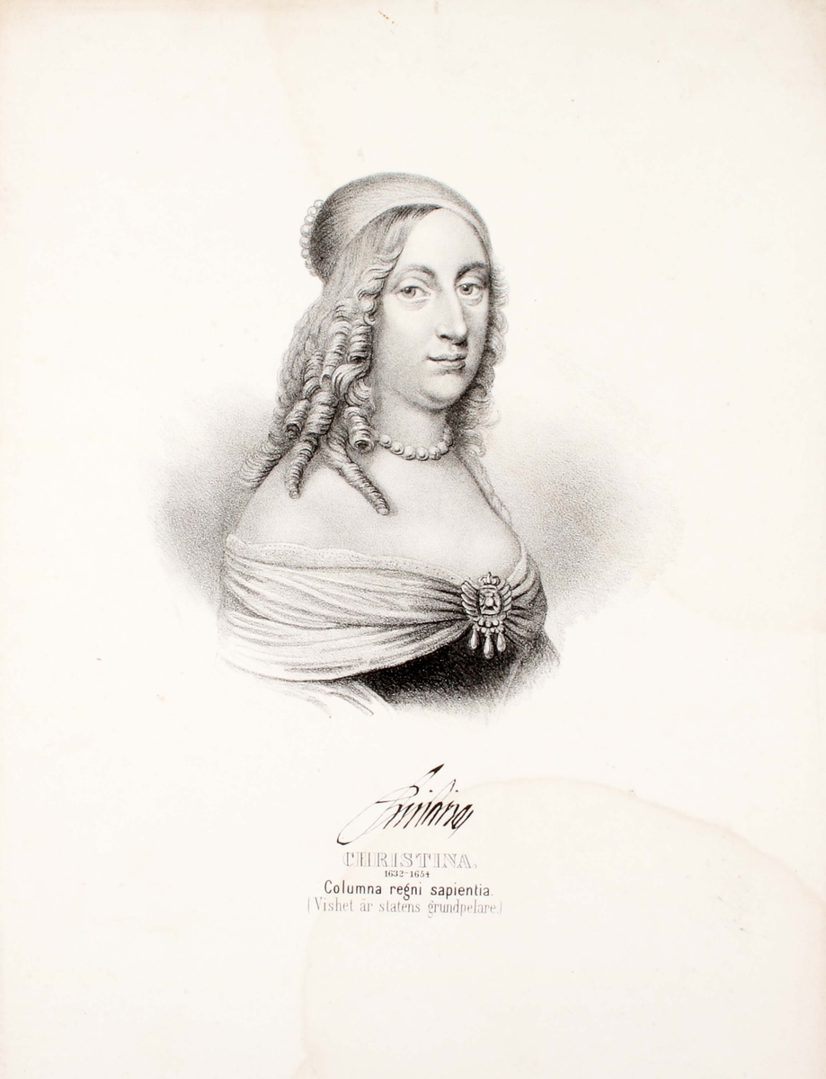 Litografisk tryck. Bröstmotiv av drottning Christina (1632-1654). Född 1626, död 1689 i Rom.