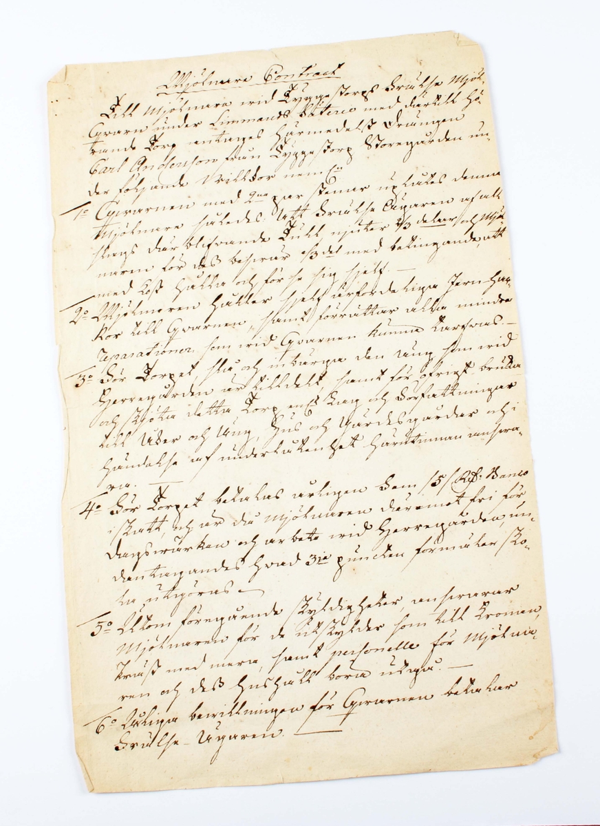Mjölnarekontrakt, rörande Limmared Säteri år 1813. Pappersark med handskriven text.