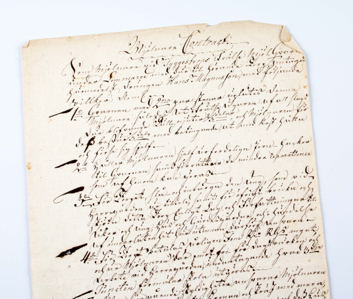 Mjölnarekontrakt, rörande Tyggestorp i Limmared år 1808. Pappersark med handskriven text.