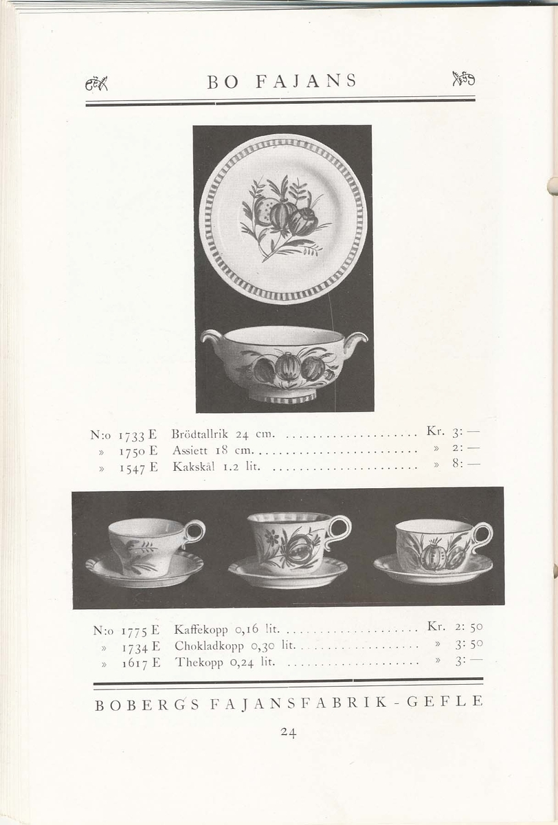 Produktkatalog från Bo Fajans 1930. Handdekorerade fajanser komponerade av Eva Jancke Björk, Allan Ebeling och Maggie Wibom.