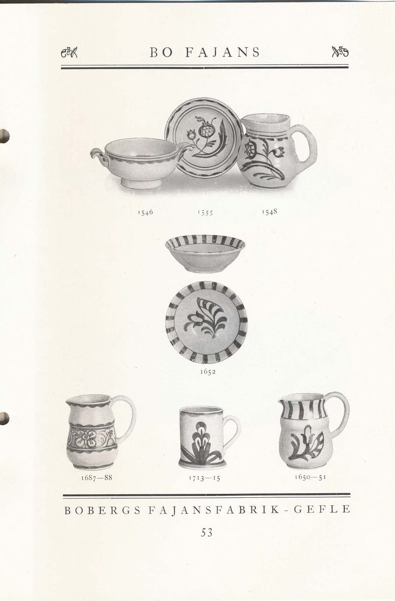 Produktkatalog från Bo Fajans 1930. Handdekorerade fajanser komponerade av Eva Jancke Björk, Allan Ebeling och Maggie Wibom.