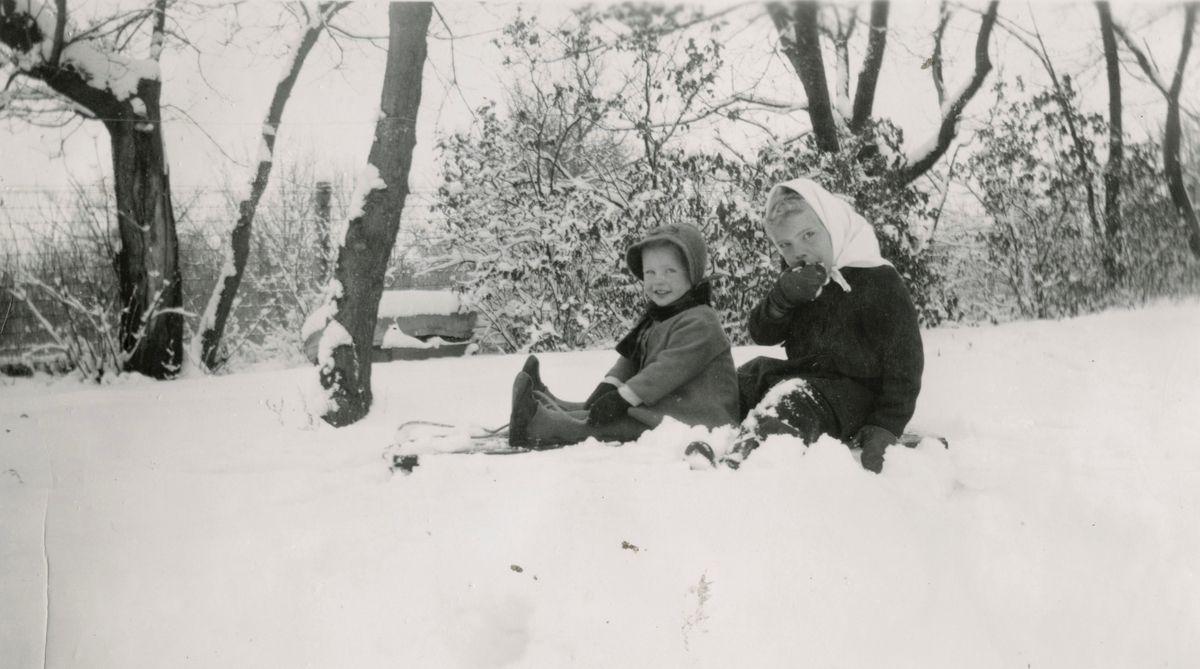 To barn med kjelke i sneen