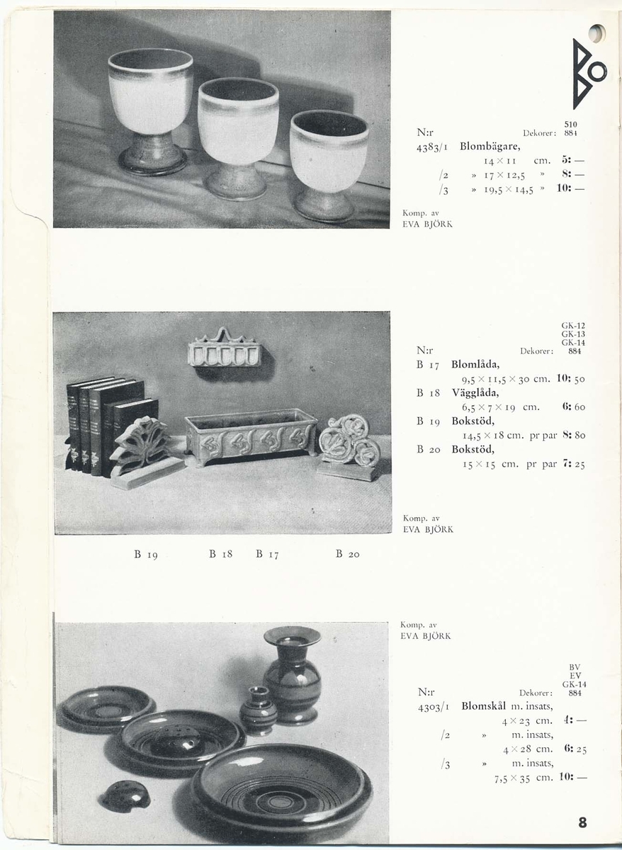 Priskurant från Bo Fajans 1939, med praktiska hushållsfajanser, konstglaserade dekorativa fajanser som terrasskrukor, vaser, skålar och blomkrukor.