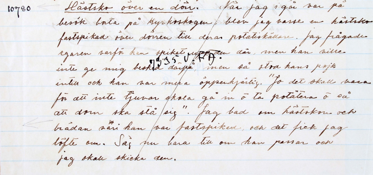 Uppteckning (anteckning) i form av ett avklippt pappersblad med handskriven text: "Hästsko över en dörr............ Skriven av Gustav Källman i Brunstorp år 30/-1926.