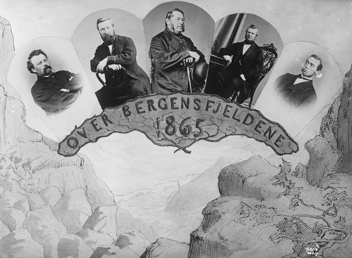 Turistforeningen, bildet viser sterke fjellfolk som har gått over Brgensfjellene i 1865.