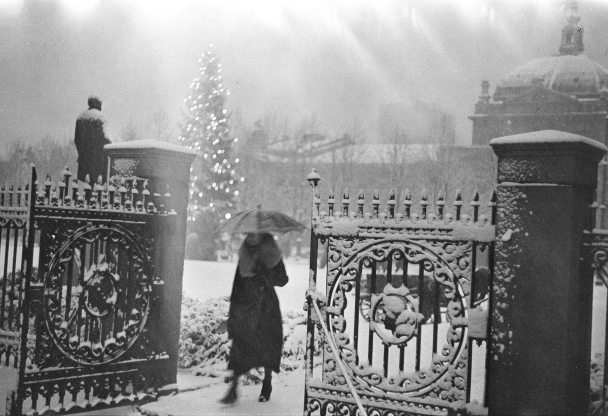 Universitetshagen med Nationaltheateret og julegranen på Universitetsplassen i bakgrunnen. Dame passerer gjennom porten, statue av Anton Martin Schweigaard ved siden av porten.