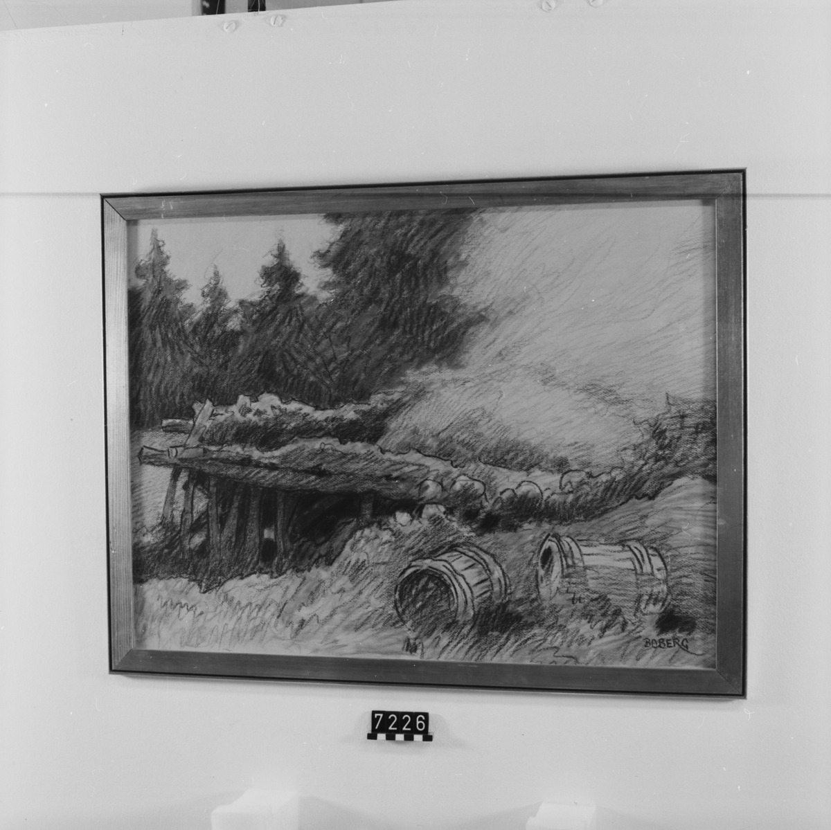 Signerad: "Boberg". På tavlans baksida: "Tjärdal vid Arvidsjaur/ (Norrbotten) 1924". "Ferdinand Boberg". I glas och förgylld ram.