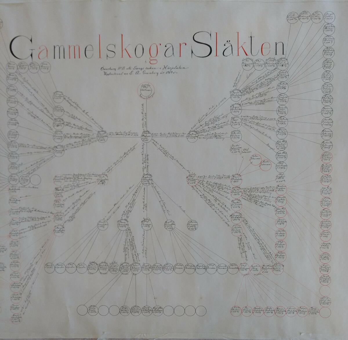 Släkttavla över Gammelskogar släkten i Öwerberg N:o 15 uti Swegs socken i Härjedalen. Upptecknad E.A Granberg år 1909.