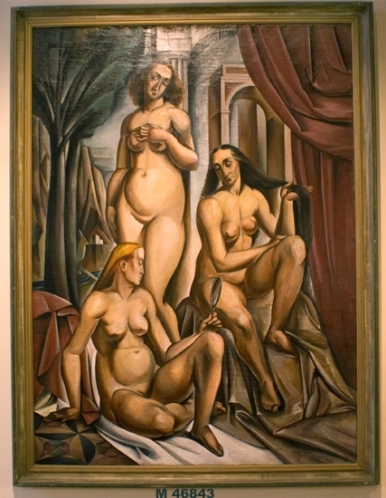Oljemålning på duk. 
Tre nakna kvinnor. Helfigur. Målad i kubistisk stil. 
Jämför Picassos "Flickorna i  Avignon. "