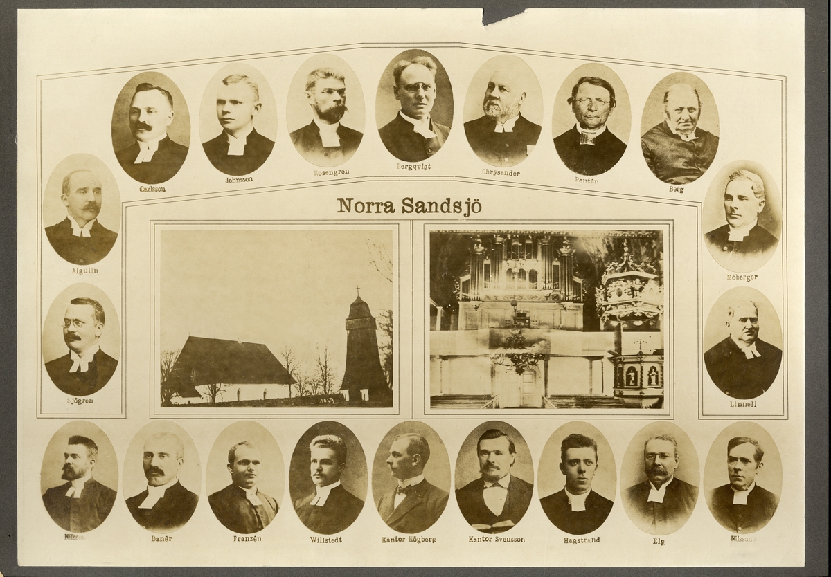 Ett "collage-foto" från Norra Sandsjö med en rad foton av kyrkoherdar och kantorer, som omger två foton av
Norra Sandsjö kyrka, exteriör och interiör.