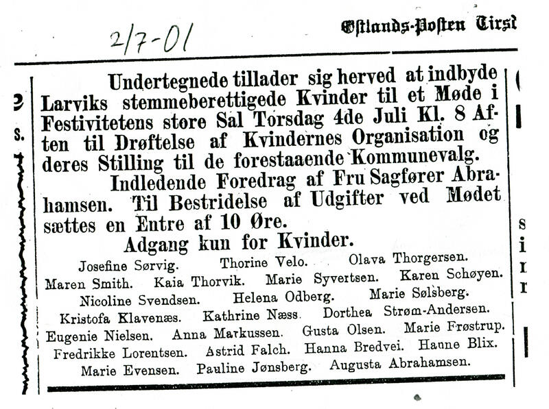 Den 2. juli 1901 sto denne annonsen på trykk i Østlandsposten. Her inviterte 24 Larvikskvinner til møte om stemmeretten.