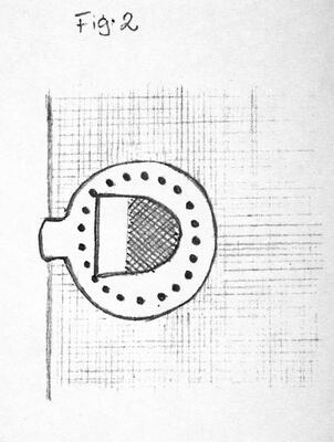 Blyantillustrasjon av vareplombe hvor naglen er bøyd i lås.