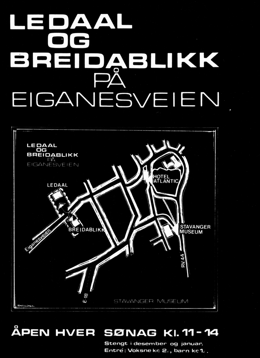 Tegnet av Gunnar Rasmussen-neg. repro. Plakat med kort til Ledaal og Breidablikk m/åpningstider. (1975).