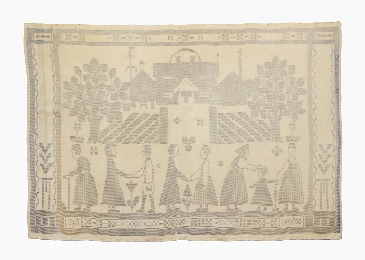 Väggbonader, 3 st. Bredd: 2100, 5250 och 5950 mm, vävda i dukagång, grått mönster på vit botten med scener ur "Jerusalem", 1903.