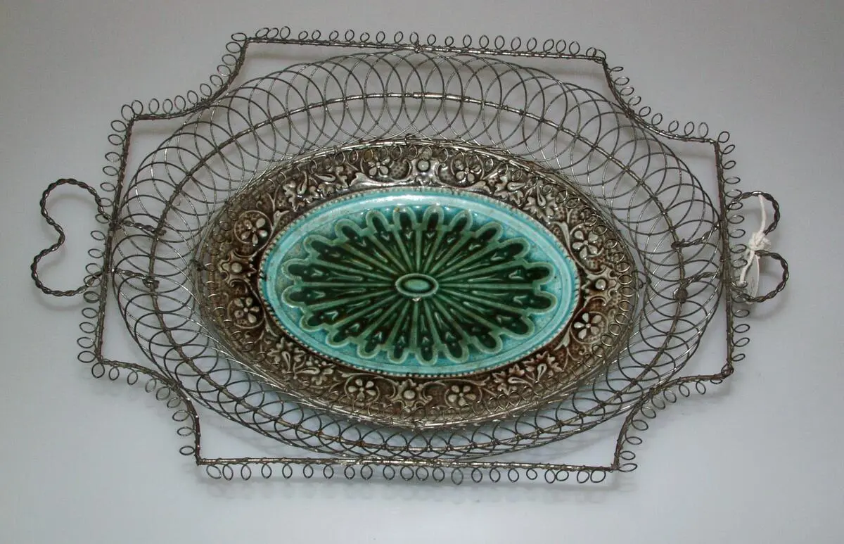 Wire craft, colourful serving dish.