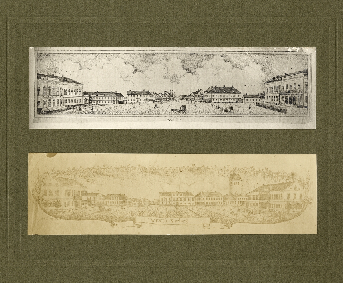 Två st. litograferade stadsvyer,
Stortorget i Växjö efter och före stadsbranden 1843.