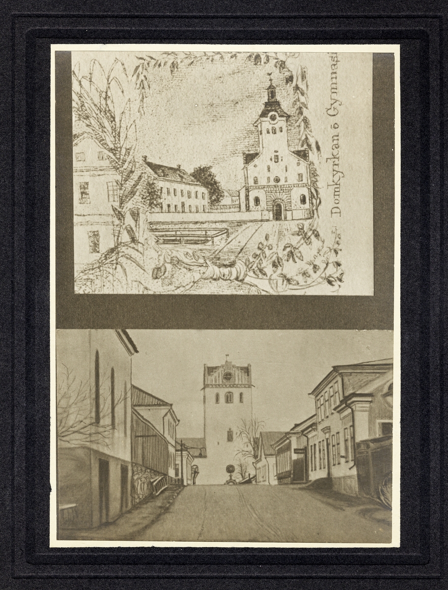 En teckning och ett foto (?) av Sandgärdsgatan österut, med domkyrkan i bakgrunden.