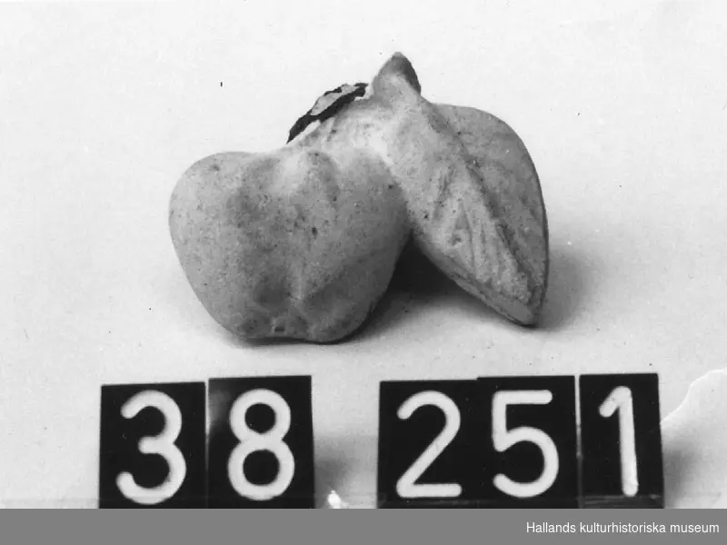 Konfektform av gips, föreställande ett äpple med blad. Handtag av kork på baksidan.  Märkt på baksidan med Åke Jönssons tillverkningssignatur (teckning). Gjuten? Föremålet är skadat.